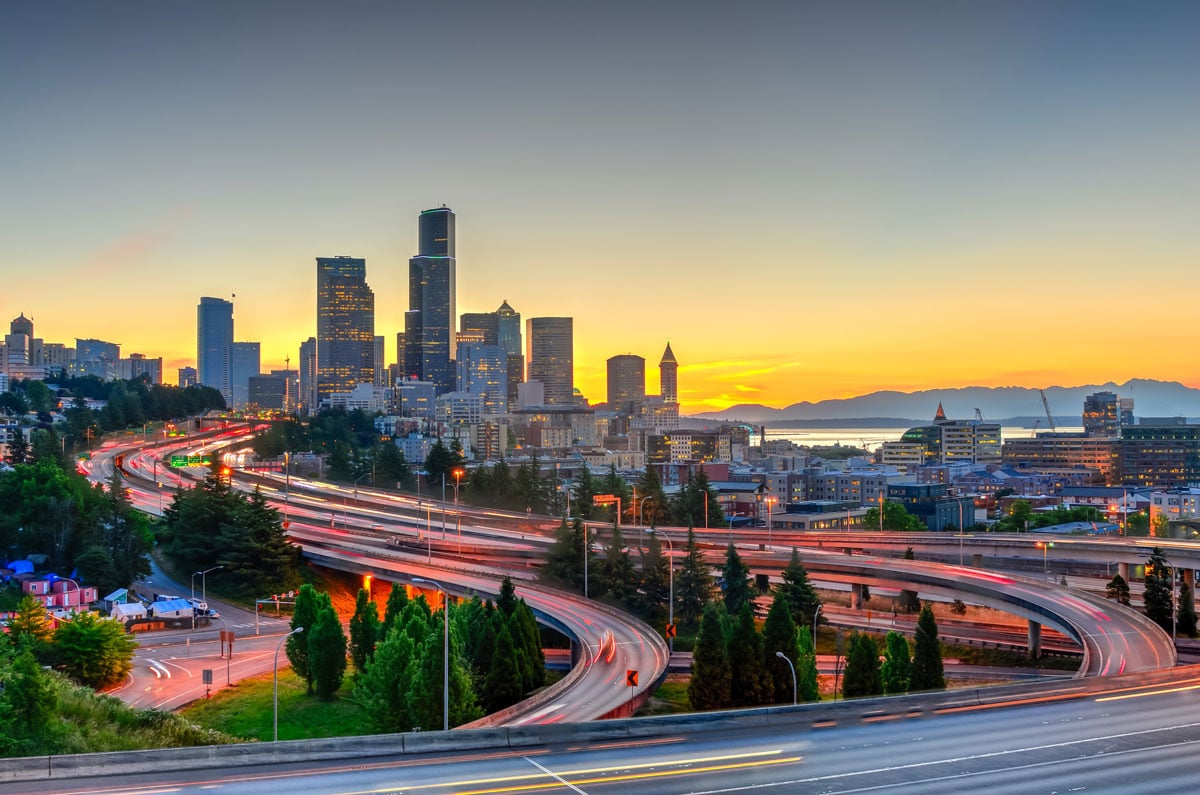 cityscape with surrounding roads