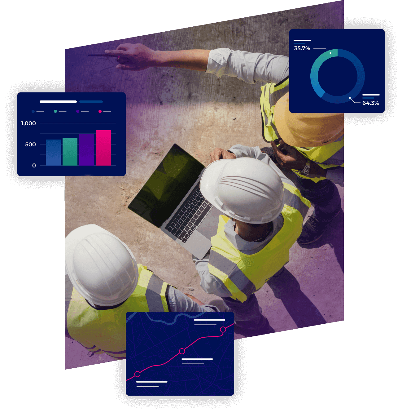 3 construction managers reviewing plans on laptop