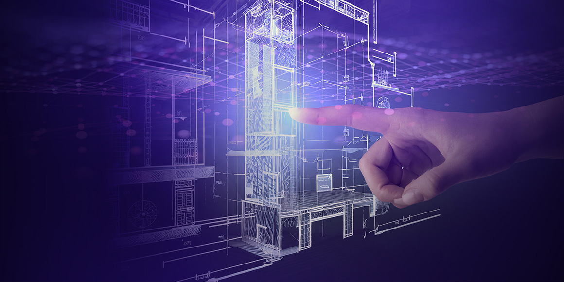 Architect pointing to and utilizing a digital twin during design and construction